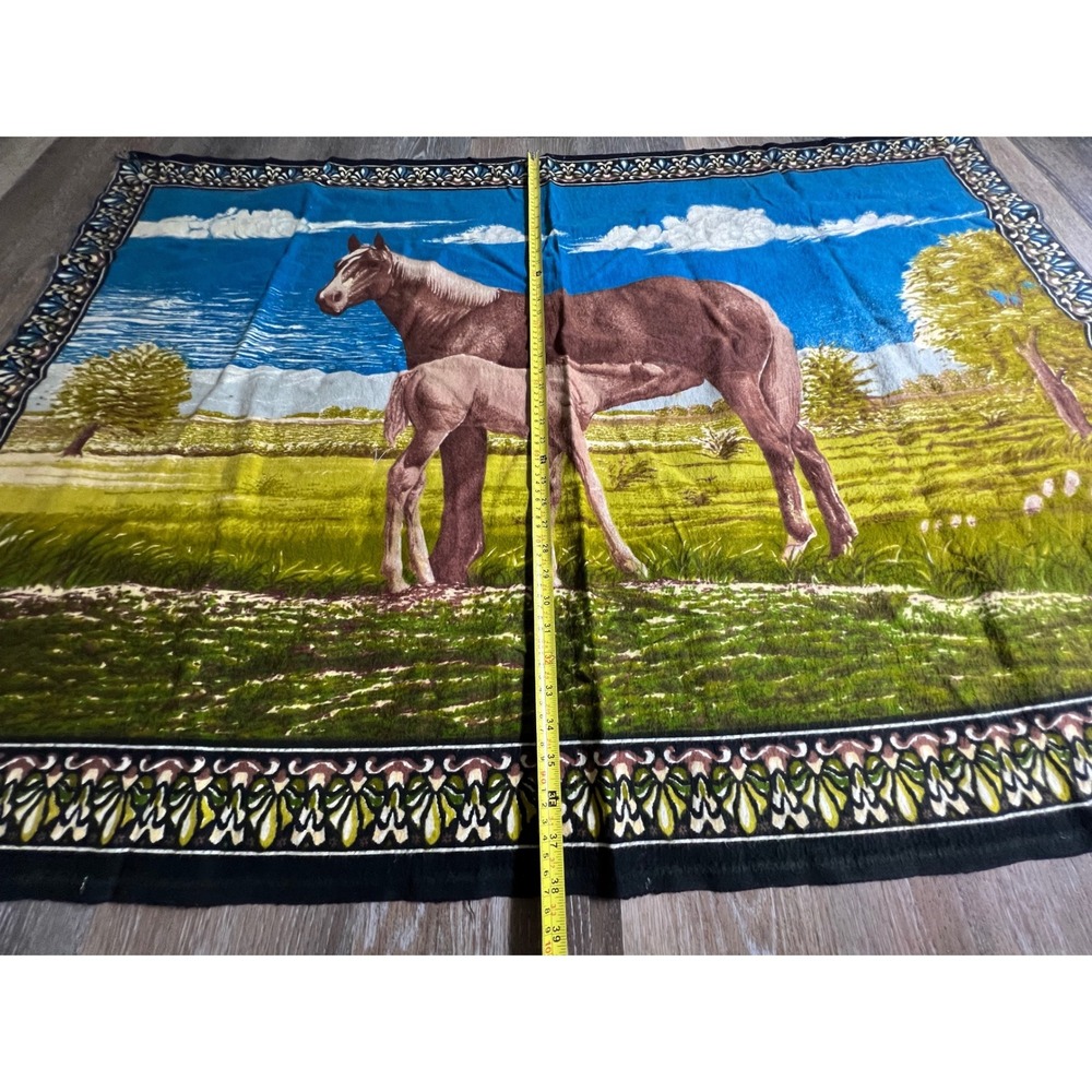 Vintage Velvet Horse Tapestry Wall Hanging Blue Green 38x54 Mare Foal - Picture 2 of 6